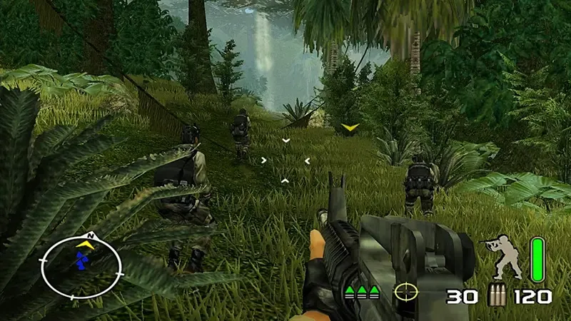 Delta Force: Black Hawk Down – Team Sabre gameplay, showing the player holding a gun and advancing through a dense jungle alongside specialist soldiers in full combat gear.