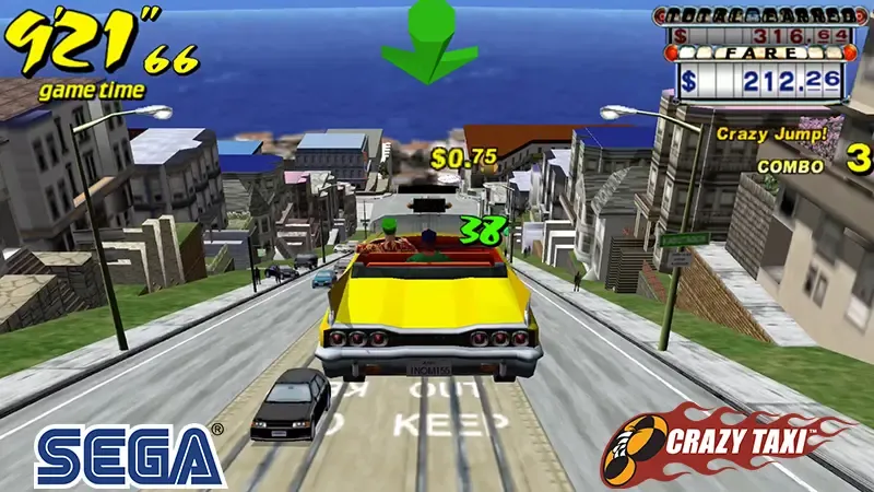 Crazy Taxi (PC) gameplay, showing a yellow taxi flying through the air during a rapid descent of a hill, and with a customer in the back of the car.