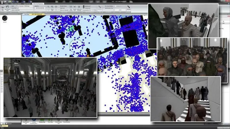 A montage of images showing an advanced crowd simulation in action, including a 2D top-down view of the environment and multiple 3D viewpoints.