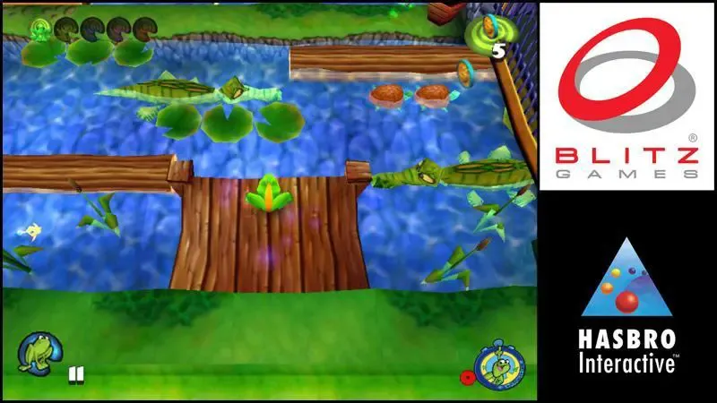 Frogger 2 gameplay with a frog attempting to cross a river full of crocodiles, logs and turtles.