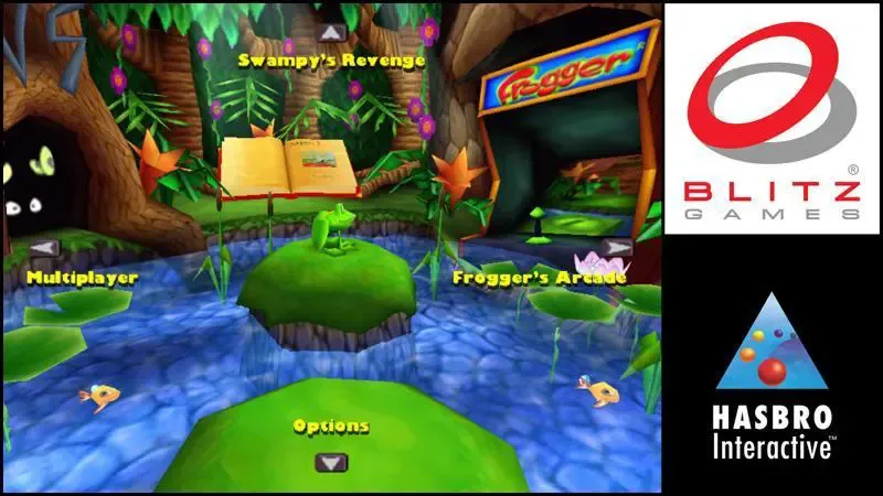 The Frogger 2 menu screen, showing a frog character alongside the various game options.