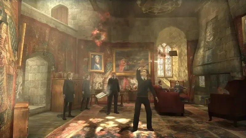 Harry Potter and the Order of the Phoenix gameplay, showing the game's main protagonist using his wand in a common room at Hogwarts School.