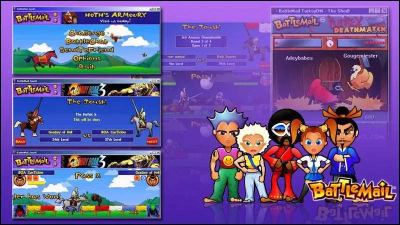 In-game screenshots of BattleMail Joust — the menu, pre-fight and fight screens — alongside a fight in BattleMail Turkey DeathMatch.