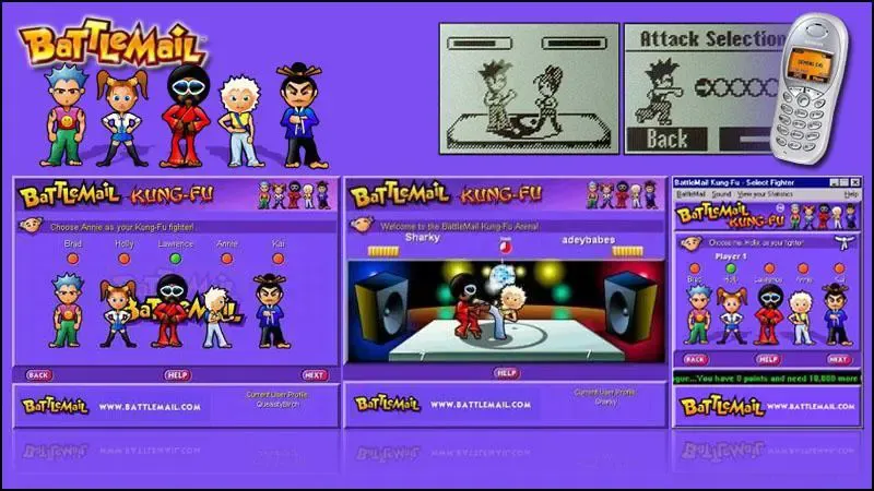 In-game screenshots of BattleMail Kung Fu running on Windows, and a version running on a Siemens C45 mobile phone.