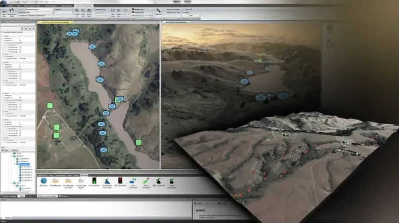 An image of a modelling and simulation capability showing a side-by-side 2D map and 3D environment with geo-located entities.