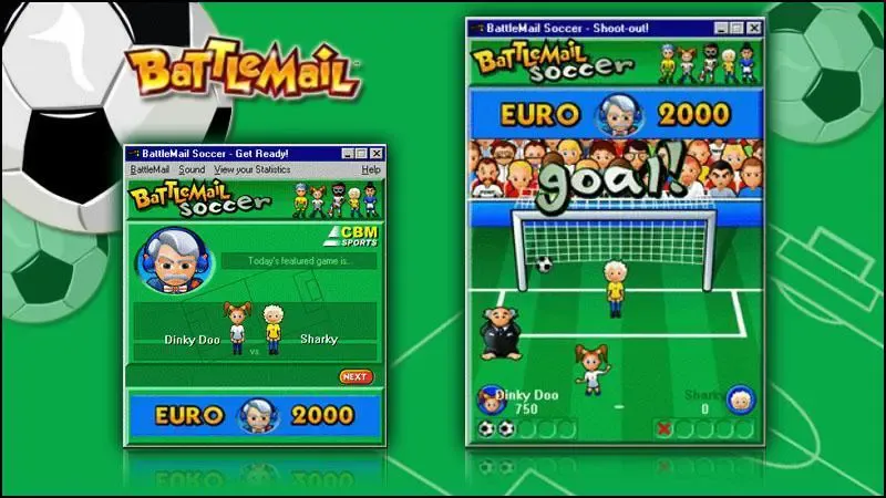 In-game screenshots of BattleMail Soccer, with players engaged in a penalty shootout.