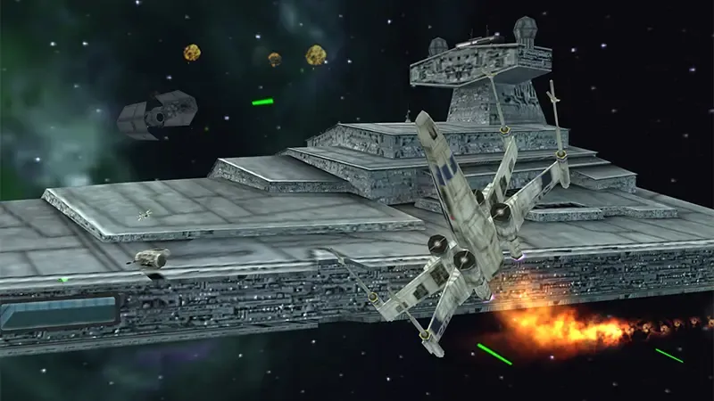 Star Wars: Battlefront – Renegade Squadron gameplay, showing an X-Wing fighter in combat against a Tie Fighter, set against a backdrop of a huge Imperial Star Destroyer.