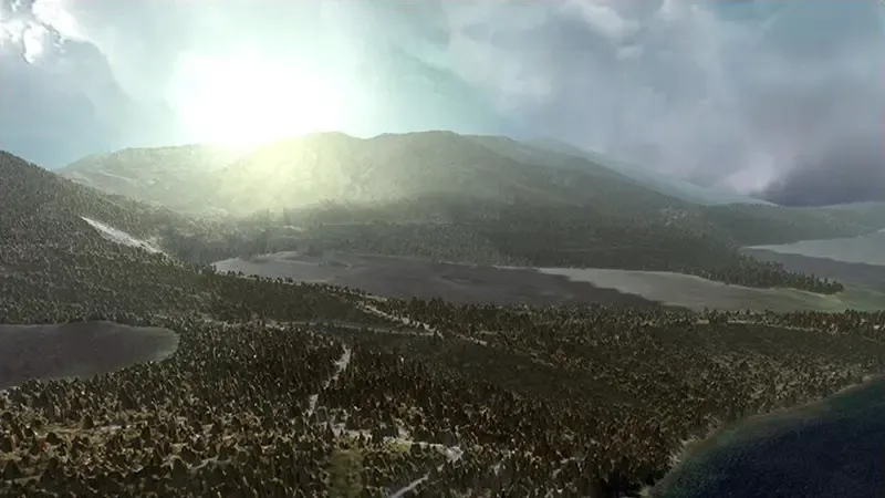 A 3D visualisation of real-world terrain data showing the sun casting light rays over large hills and densely packed trees around water bodies.