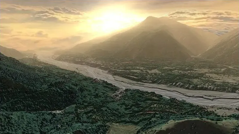 A 3D visualisation of LIDAR data showing a setting sun falling behind a mountain range, and a river running below through a densely wooded area.