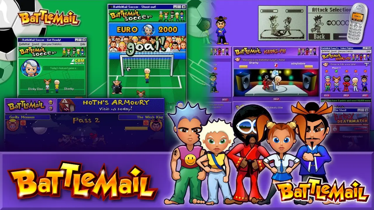 A montage of the BattleMail games Soccer, Kung Fu and Joust, alongside five BattleMail characters who appeared in the games.