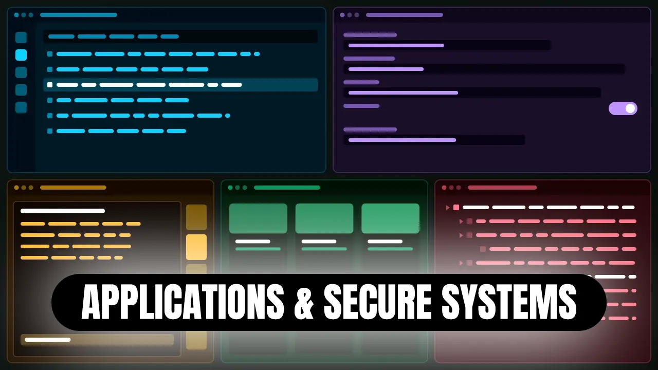 An abstract montage of five stylised application windows, each in a different colour — a list of records, a properties form, a display panel with hardware keys, a grid of components and a tree view — text states Applications & Secure Systems.