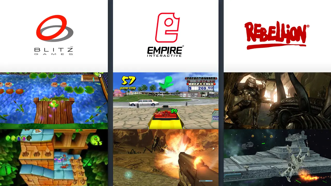 A montage of game development studio logos - Blitz Games, Empire Interactive and Rebellion.