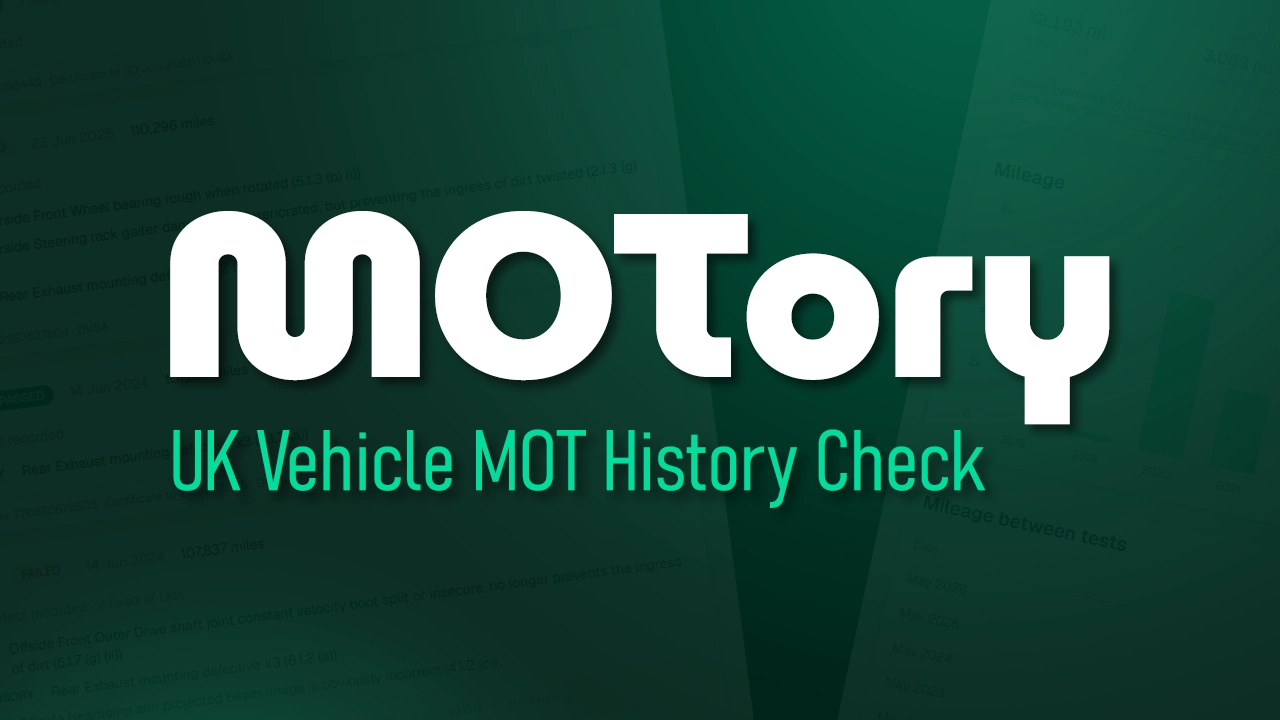 Screenshot of MOTory, a UK vehicle MOT checking application.